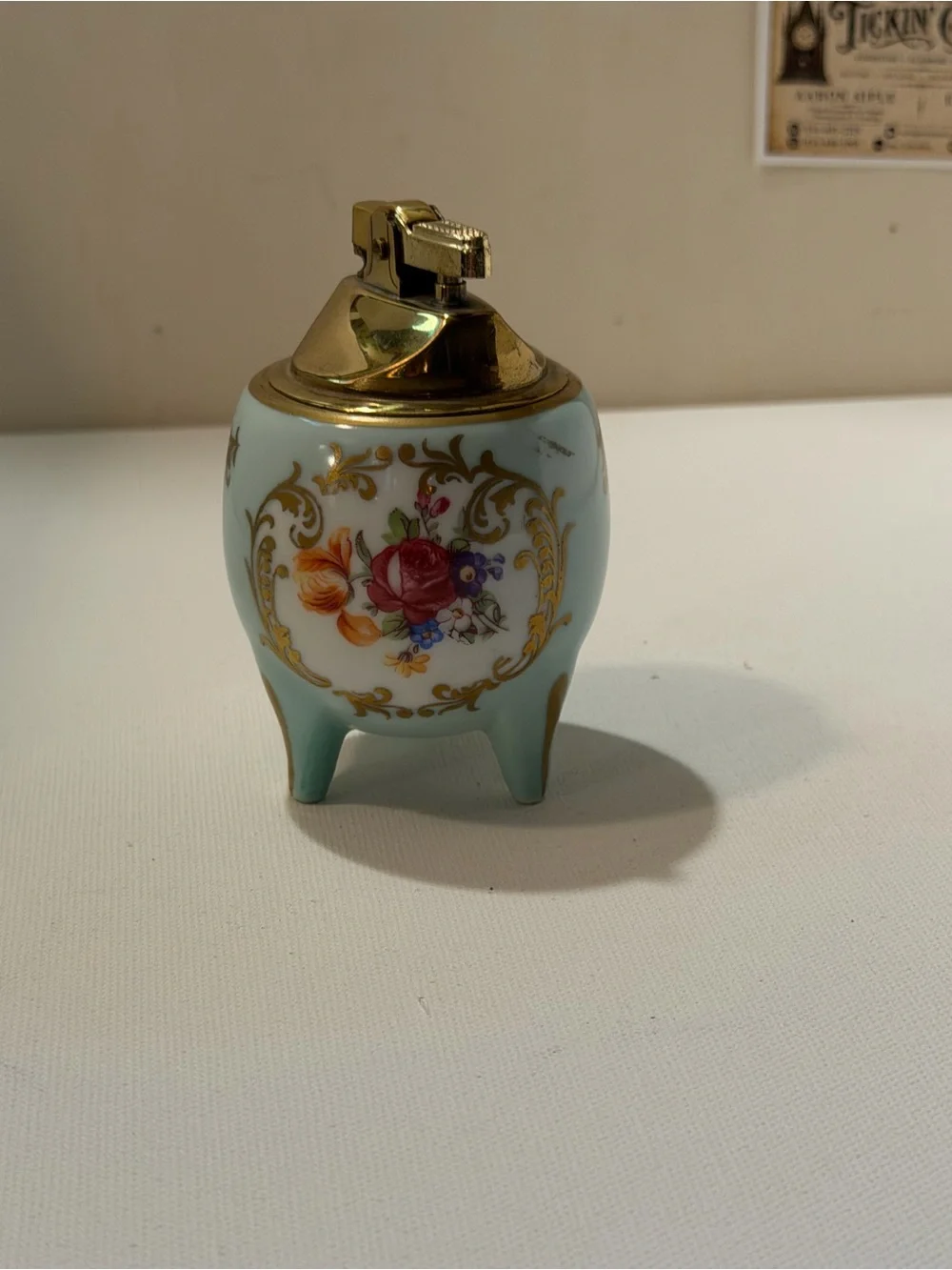 Porcelain Floral Table Lighter in Light Blue and Gold